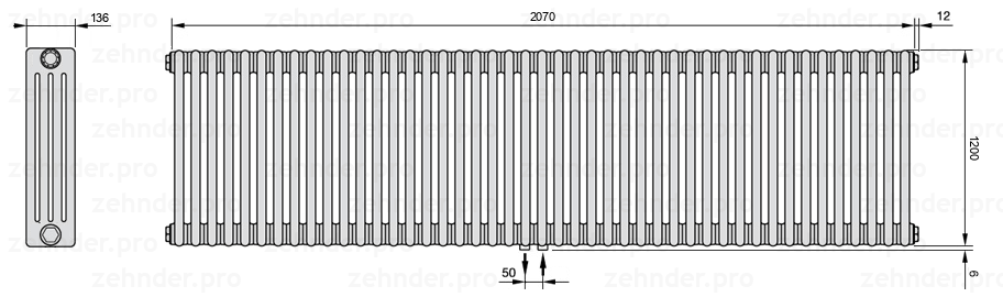 Схема (чертеж) Радиатор Zehnder Charleston 4120/45 №5410 Белый глянцевый RAL 9016